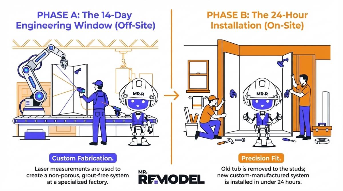 A 24-hour bathroom remodel timeline infographic showing the 14-day off-site custom fabrication process followed by the rapid, on-site one-day installation.